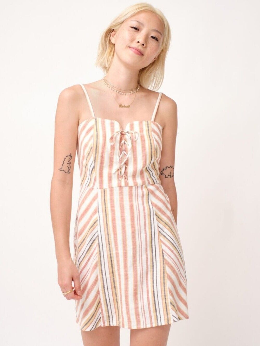 Aeropostale Womens Linen Blend Striped Sweetheart Lace Up Slim Dress - Size S